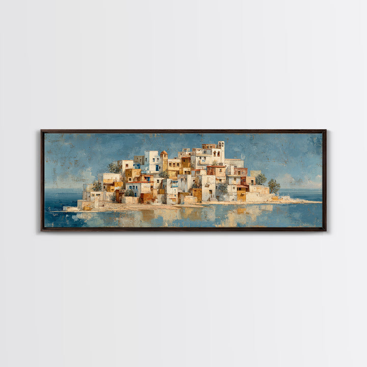 Greek Island White Buildings Above Blue Sea Canvas Print, Mediterranean Art, Coastal Wall Art, Living Room Decor, MAR-3x1-41