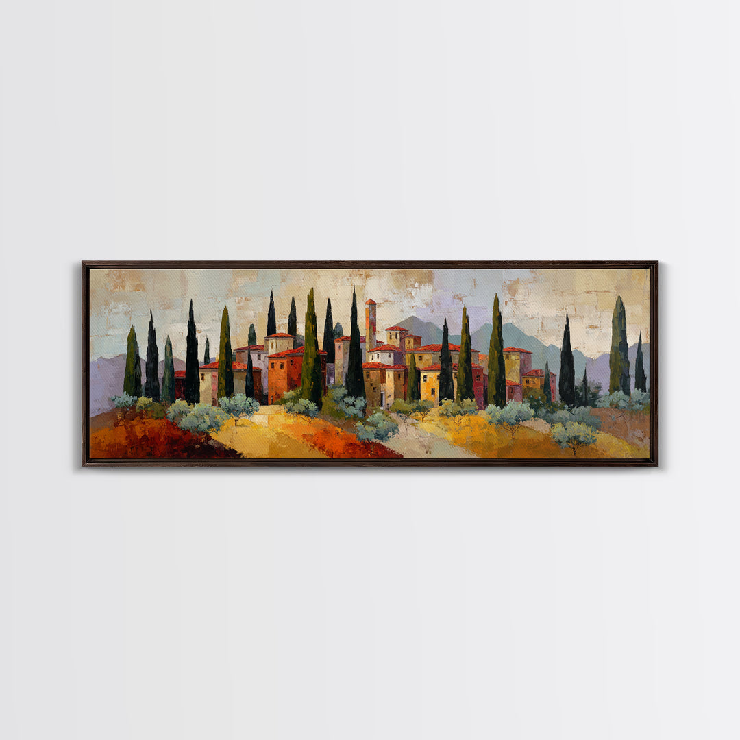 Tuscan Cypress Trees and Golden Hillside Canvas Print, Mediterranean Art, Horizontal Wall Art, Living Room Decor, Azure, MAR-3x1-46