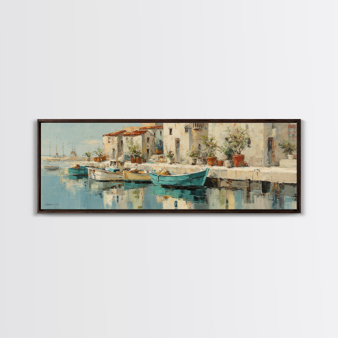 Coastal Fishing Boats Framed Canvas Print, Mediterranean Art, Contemporary Art, Living Room Decor, Oil Painting, Azure, MAR-3x1-47