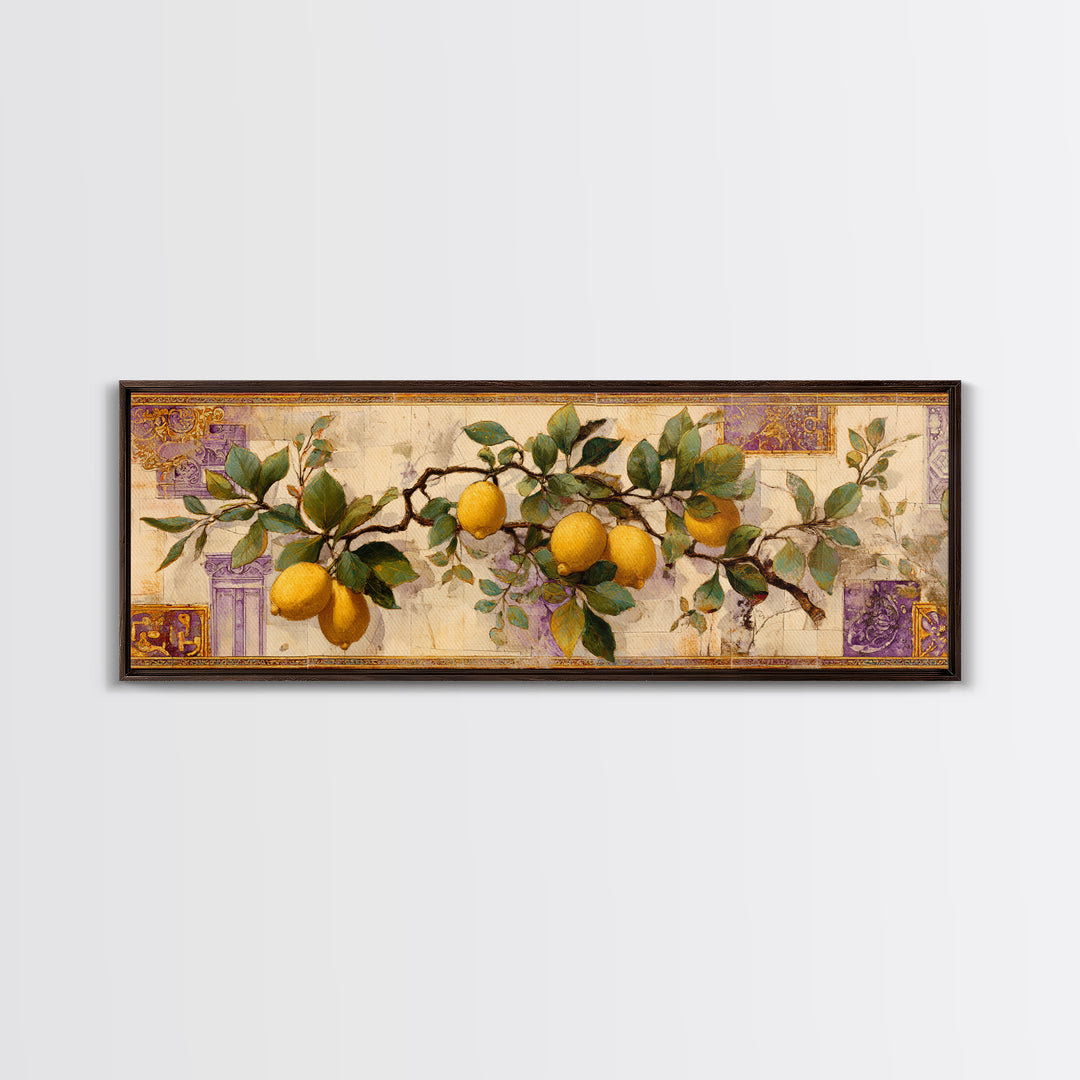 Sicilian Lemon Branch on Ivory Background Framed Canvas Print, Mediterranean Art, Original Painting, Living Room Decor, Azure, MAR-3x1-5
