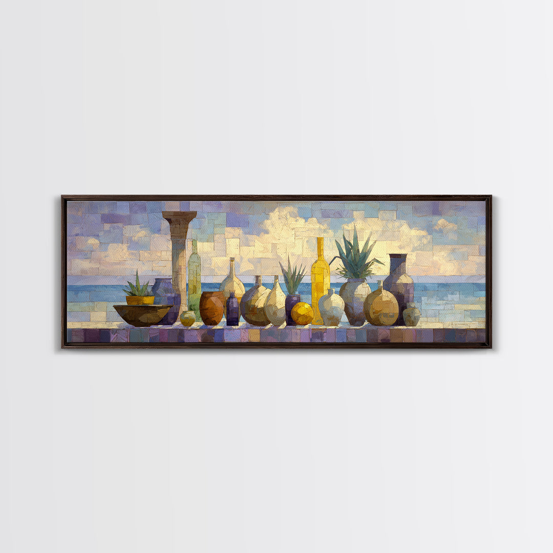 Ancient Column with Sea and Sky Beyond Framed Canvas Print, Mediterranean Art, Luxury Decor, Living Room Decor, Abstract Art, MAR-3x1-52
