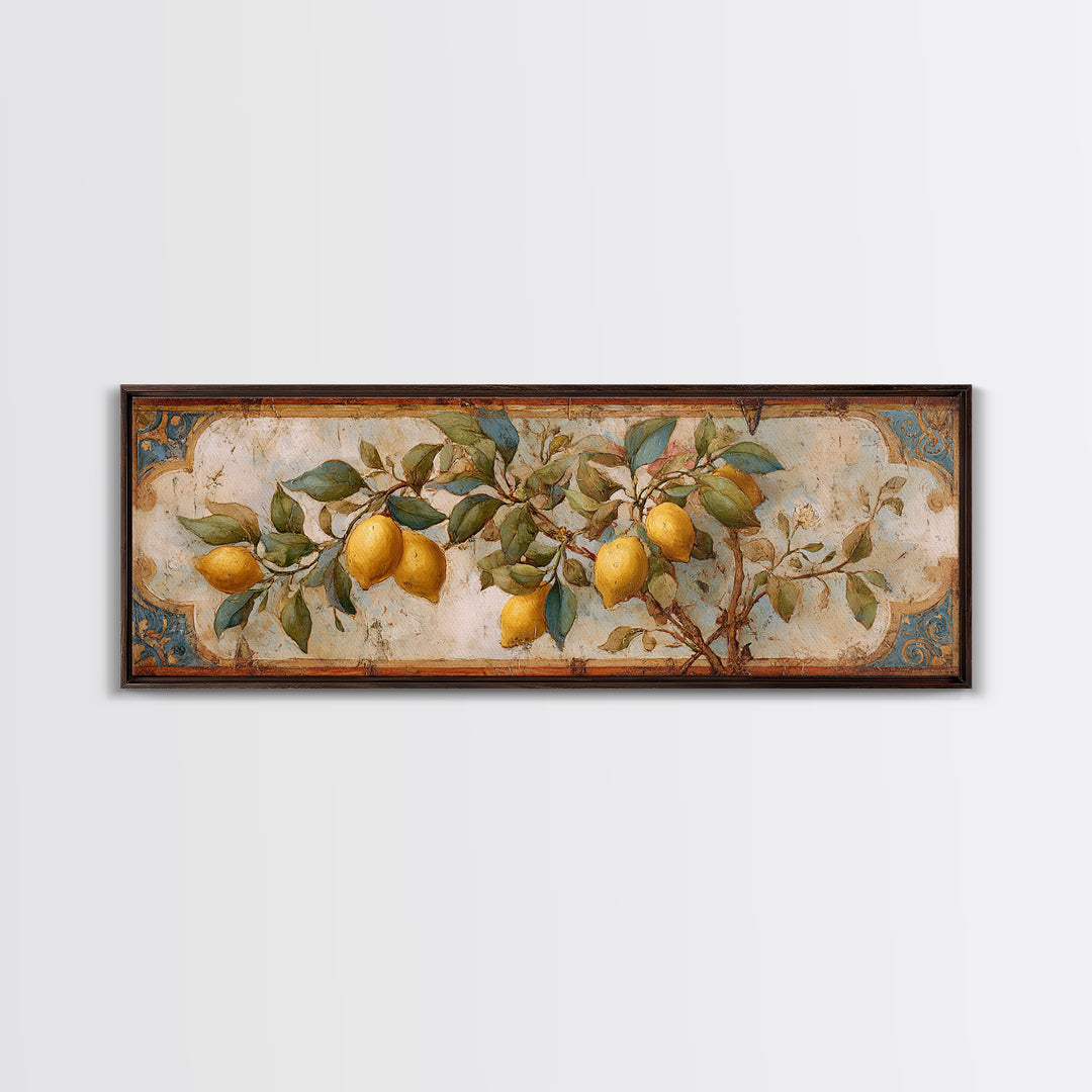 Sicilian Lemon Branch on Ivory Background Canvas Print, Mediterranean Art, Modern Wall Art, Living Room Decor, Azure, MAR-3x1-53