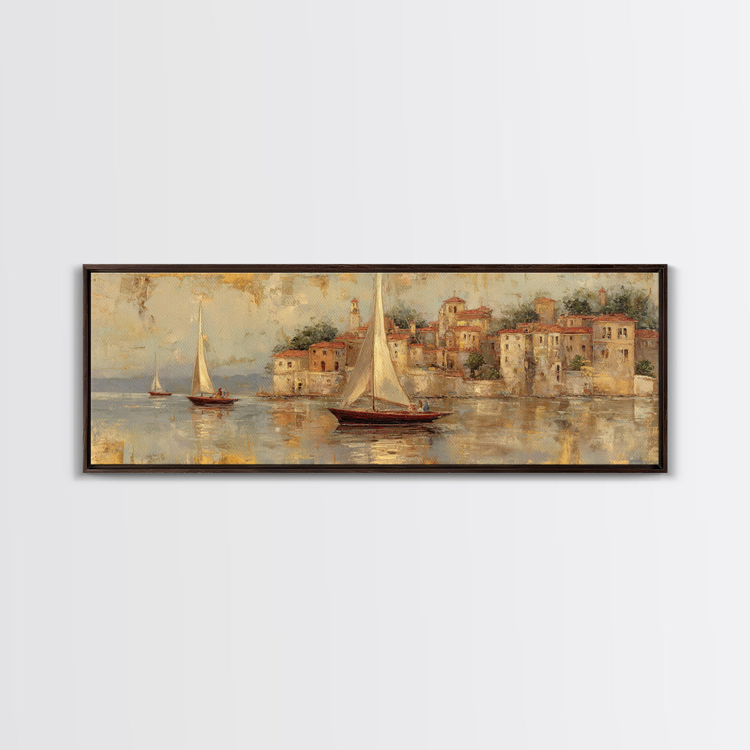 Mediterranean Sailboat on Glassy Water Framed Canvas Print, Mediterranean Art, Printable Art, Living Room Decor, Azure, MAR-3x1-58