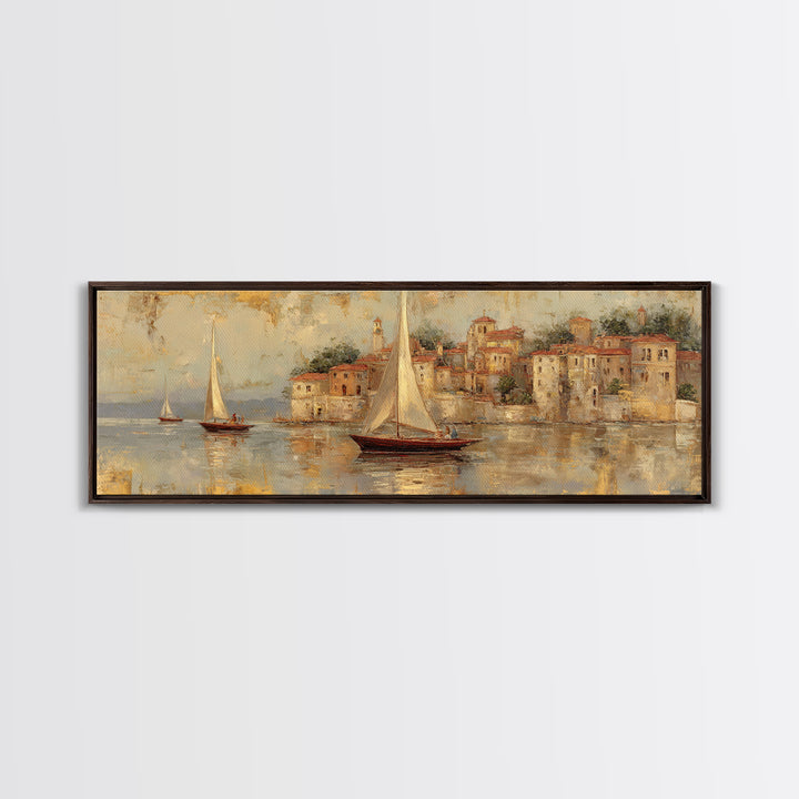 Mediterranean Sailboat on Glassy Water Framed Canvas Print, Mediterranean Art, Printable Art, Living Room Decor, Azure, MAR-3x1-58