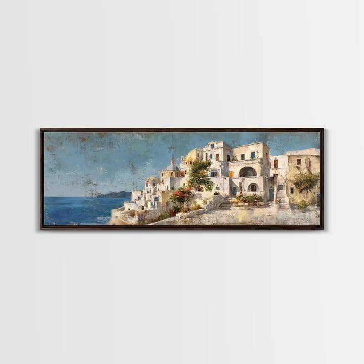 Greek Island White Buildings Above Blue Sea Canvas Print, Mediterranean Art, Coastal Wall Art, Living Room Decor, MAR-3x1-65