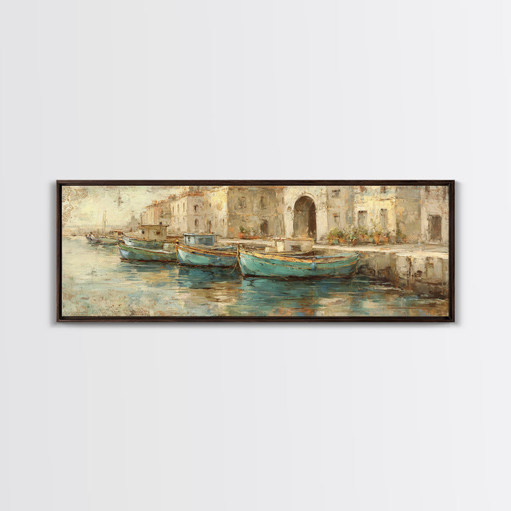 Coastal Fishing Boats Canvas Print, Mediterranean Art, Large Wall Art, Living Room Decor, Fine Art, Azure, Digital Art Prints, MAR-3x1-71