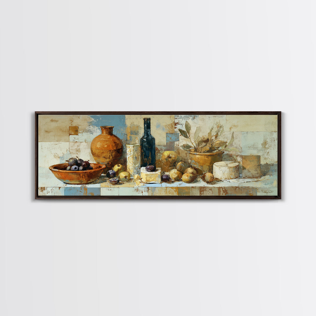 Figs Olives and Cheese Still Life Framed Canvas Print, Mediterranean Art, Minimalist Decor, Living Room Decor, Fine Art, Azure, MAR-3x1-72