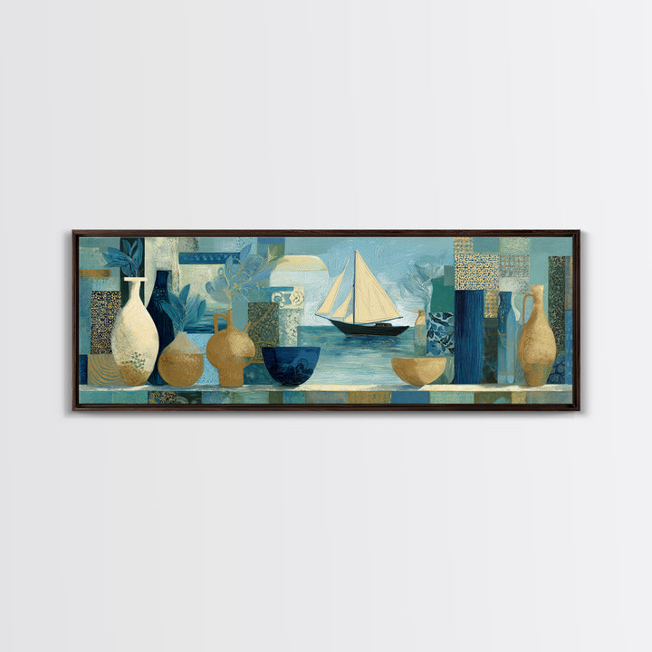 Mediterranean Sailboat on Glassy Water Framed Canvas Print, Mediterranean Art, Printable Art, Living Room Decor, Azure, MAR-3x1-82