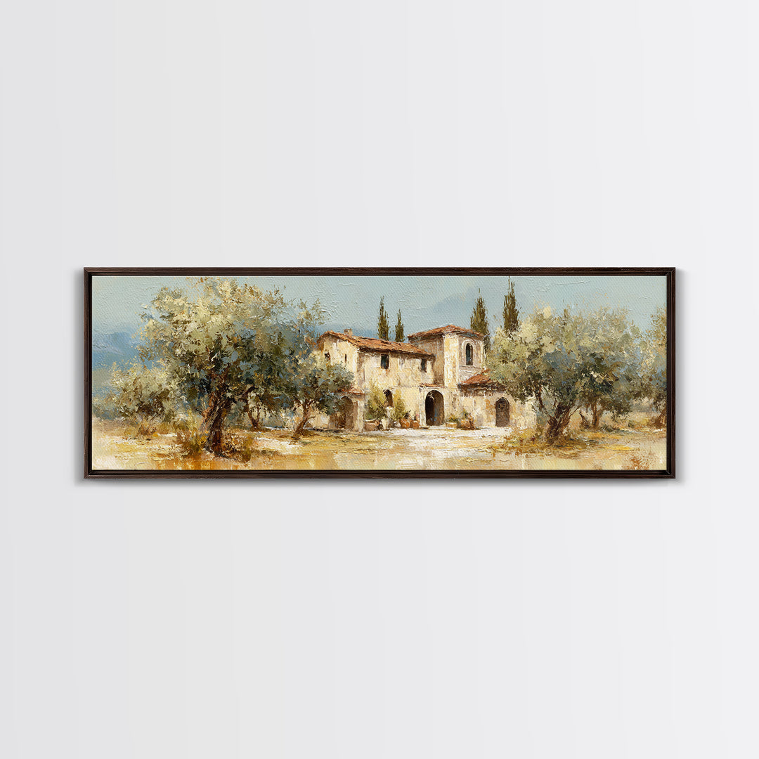 Olive Grove under Pale Morning Light Framed Canvas Print, Mediterranean Art, Oil Painting, Living Room Decor, Fine Art, Azure, MAR-3x1-9