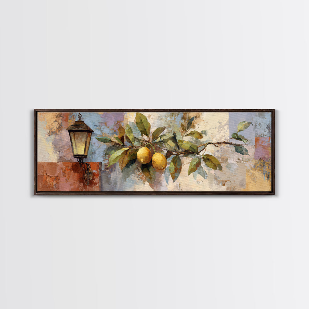 Olive Branch and Lemons on Terracotta Ground Framed Canvas Print, Mediterranean Art, Nautical Decor, Living Room Decor, Azure, MAR-3x1-90