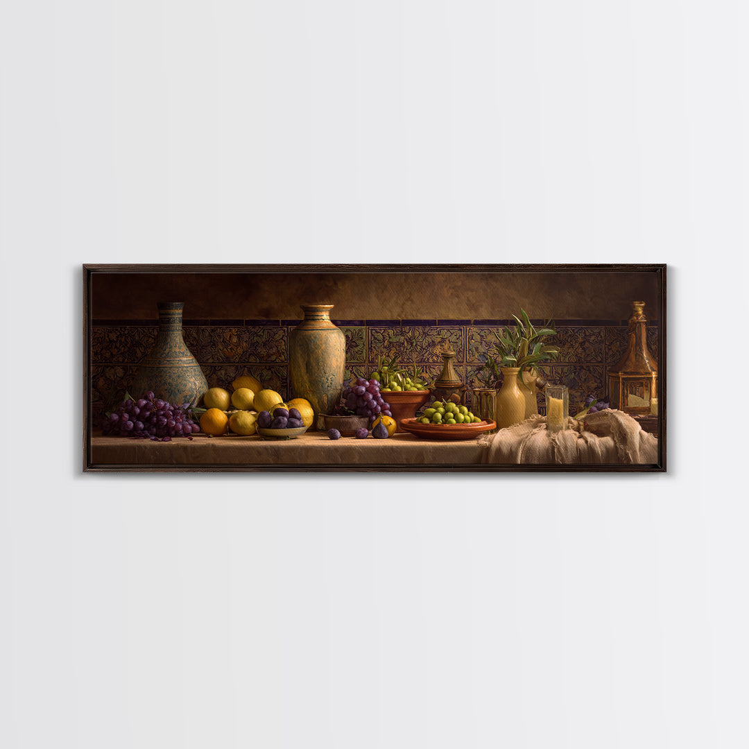 Figs Olives and Cheese Still Life Canvas Print, Mediterranean Art, Gallery Wall Art, Living Room Decor, Fine Art, Azure, MAR-3x1-96