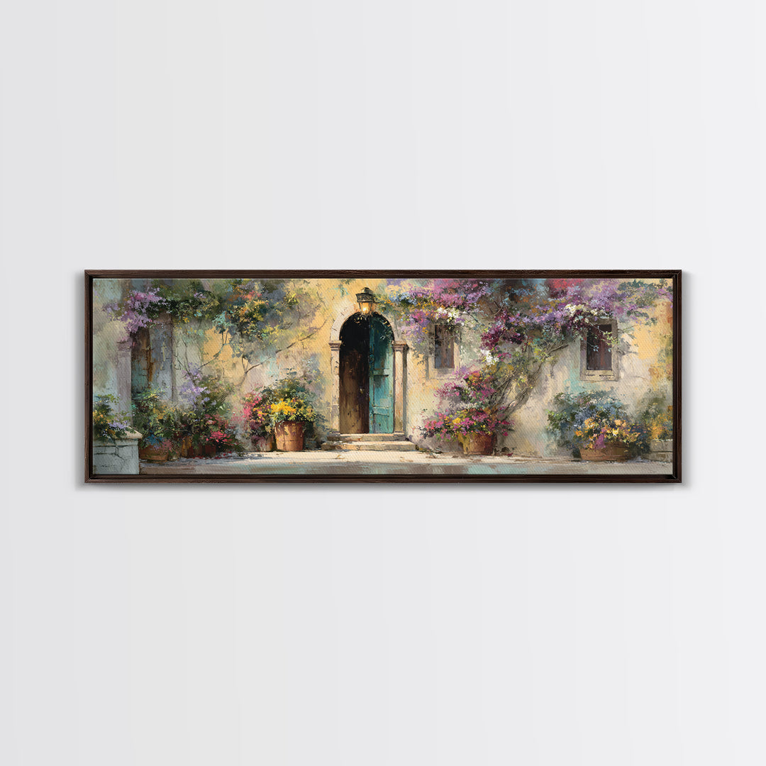 Sunlit Courtyard Doorway Framed Canvas Print, Mediterranean Art, Wall Decor, Living Room Decor, Oil Painting, Azure, MAR-3x1-99