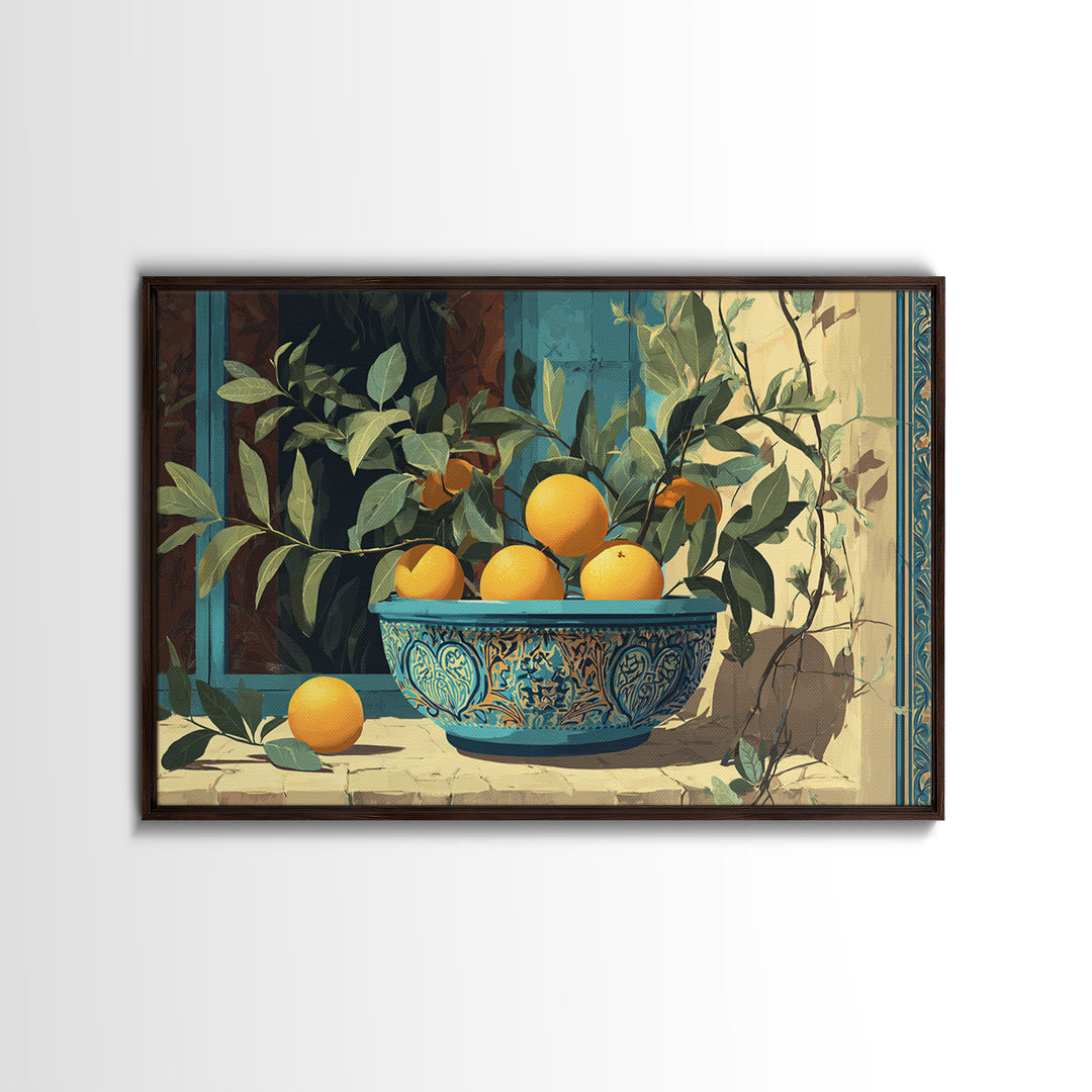 Ceramic Bowl of Oranges and Leaves Canvas Print, Mediterranean Art, Large Wall Art, Living Room Decor, Fine Art, Azure, MAR-3x2-1