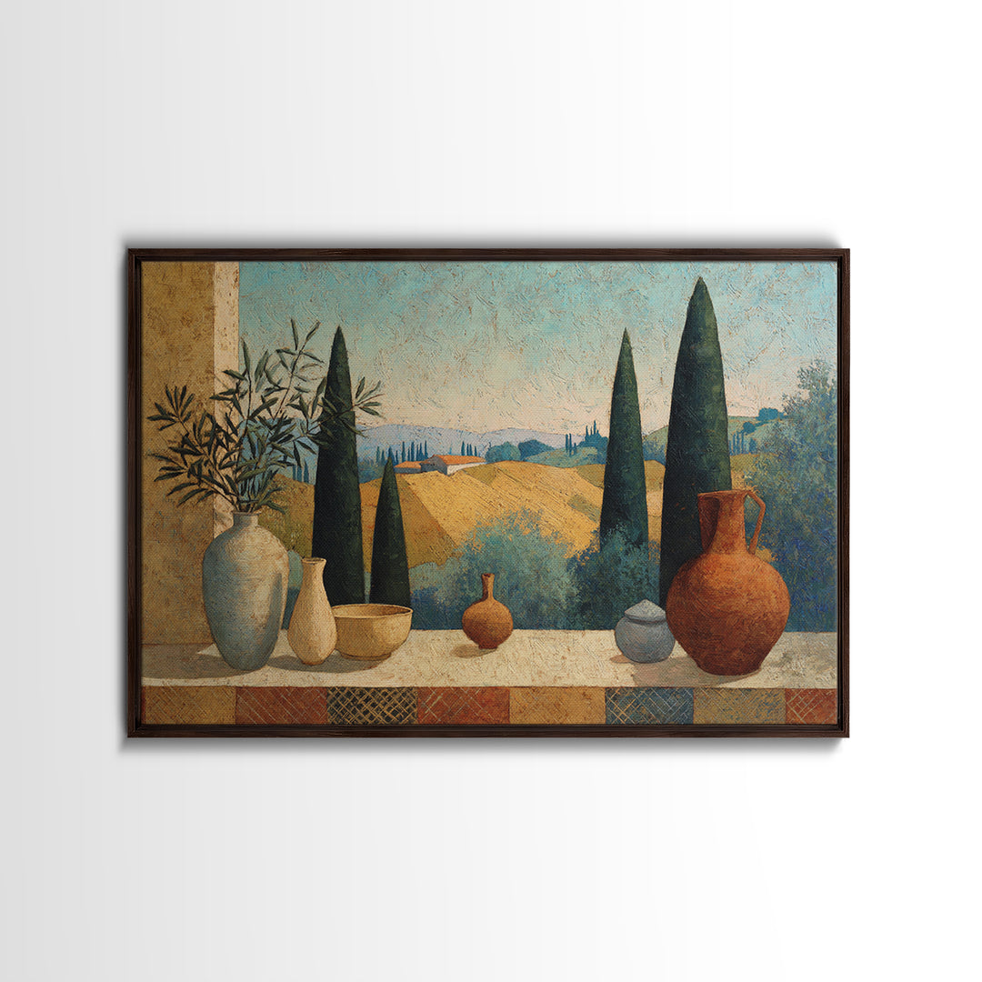 Tuscan Cypress Trees and Golden Hillside Framed Canvas Print, Mediterranean Art, Framed Wall Art, Living Room Decor, Azure, MAR-3x2-10