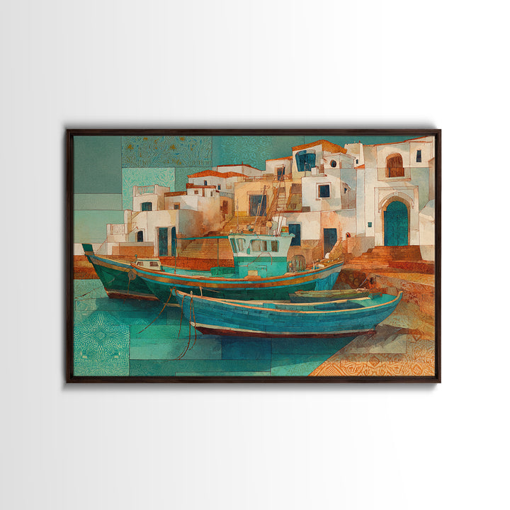 Coastal Fishing Boats Canvas Print, Mediterranean Art, Farmhouse Decor, Living Room Decor, Fine Art, Azure, Landscape Painting, MAR-3x2-11