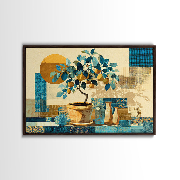 Citrus Tree in Clay Pot Framed Canvas Print, Mediterranean Art, Printable Wall Art, Living Room Decor, Fine Art, Azure, MAR-3x2-14