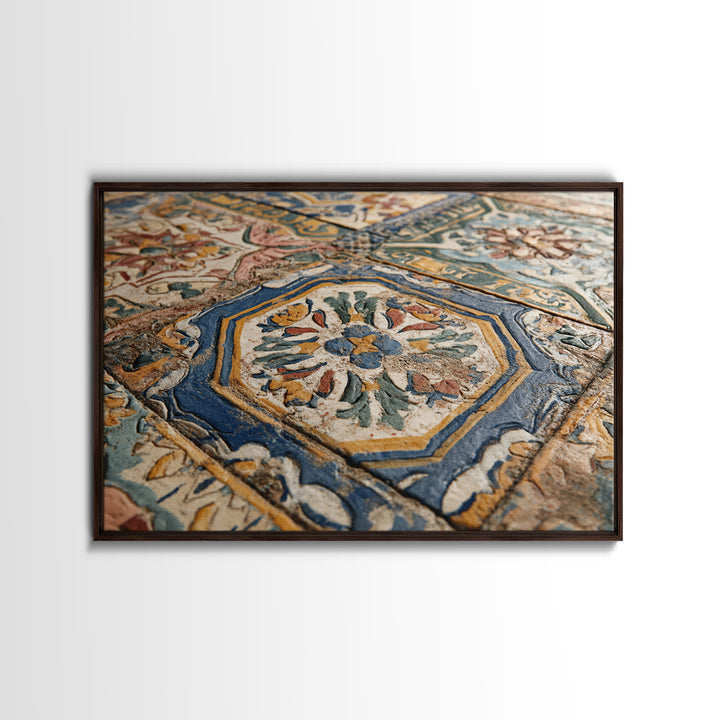 Spanish Tile Ornament Framed Canvas Print, Mediterranean Art, Large Wall Art, Living Room Decor, Azure, Digital Art Prints, MAR-3x2-20