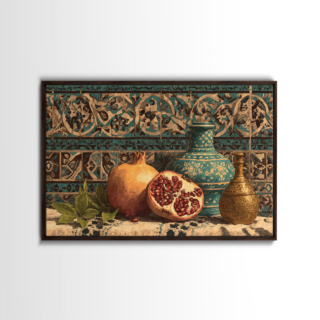 Pomegranate Still Life Framed Canvas Print, Mediterranean Art, Framed Wall Art, Living Room Decor, Azure, Watercolor Art, MAR-3x2-23