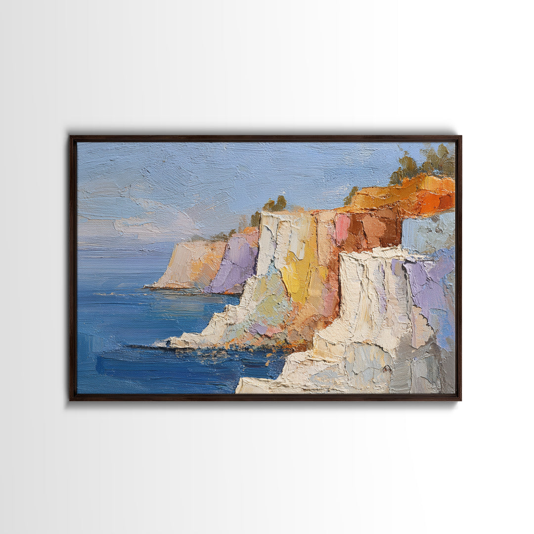Coastal Cliffs with Sparkling Blue Water Framed Canvas Print, Mediterranean Art, Framed Wall Art, Living Room Decor, Azure, MAR-3x2-24