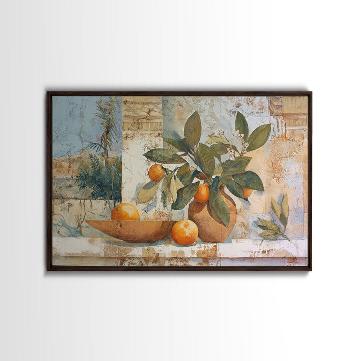Ceramic Bowl of Oranges and Leaves Framed Canvas Print, Mediterranean Art, Horizontal Wall Art, Living Room Decor, Abstract Art, MAR-3x2-25