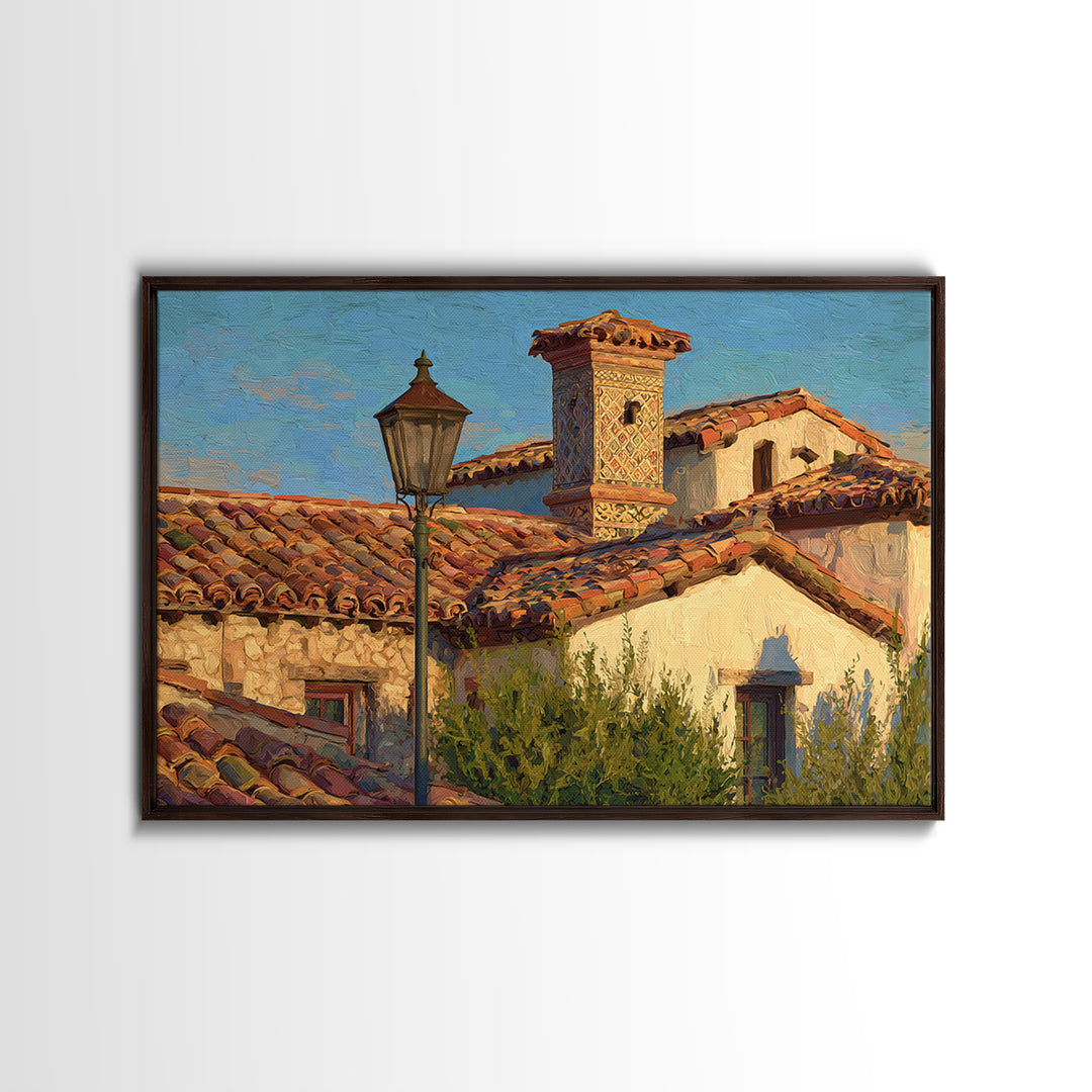 Sunset over Red Tiled Rooftops Framed Canvas Print, Mediterranean Art, Printable Art, Living Room Decor, Fine Art, Azure, MAR-3x2-27