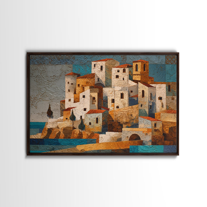 Greek Island White Buildings Above Blue Sea Canvas Print, Mediterranean Art, Digital Art Prints, Living Room Decor, Azure, MAR-3x2-29