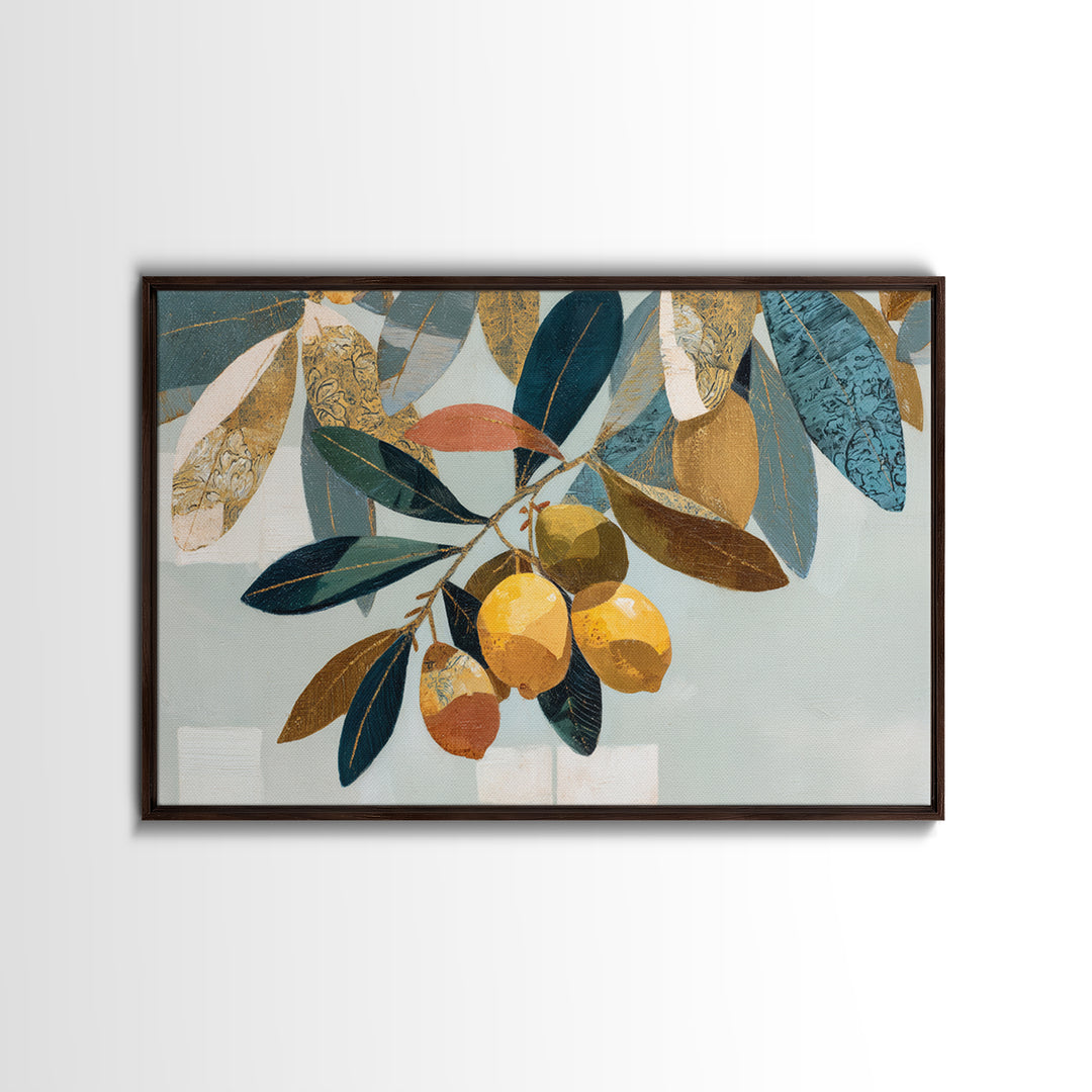 Olive Branch and Lemons on Terracotta Ground Canvas Print, Mediterranean Art, Horizontal Wall Art, Living Room Decor, Azure, MAR-3x2-30