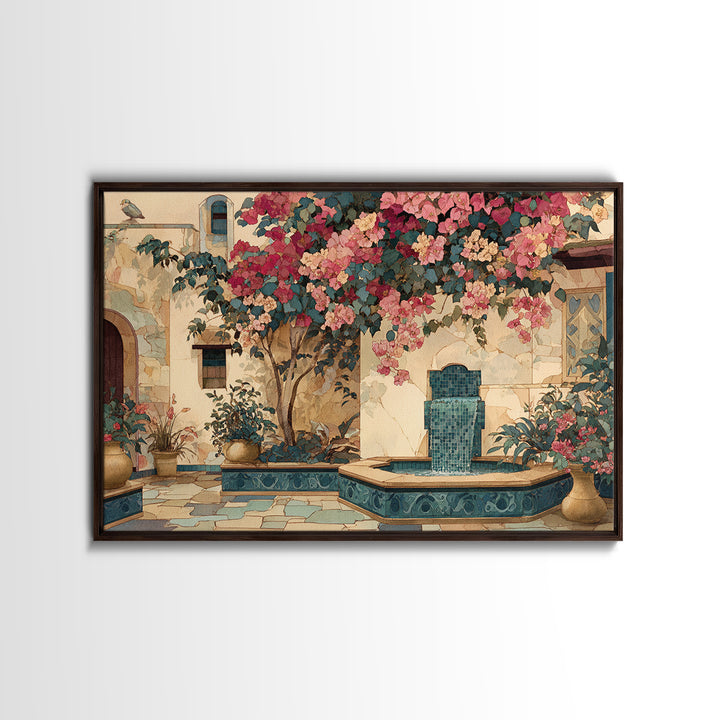 Bougainvillea Cascading over Stone Wall Canvas Print, Mediterranean Art, Watercolor Painting, Living Room Decor, Azure, MAR-3x2-33