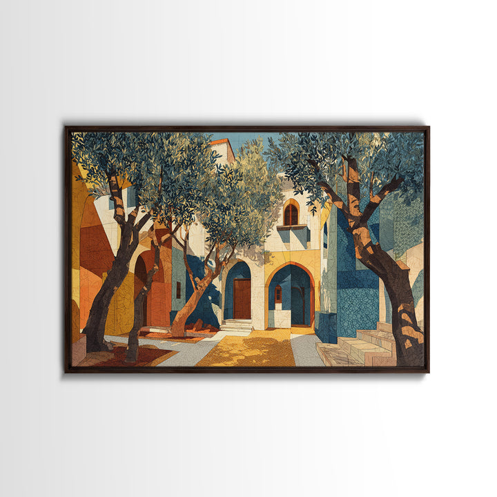 Olive Grove under Pale Morning Light Framed Canvas Print, Mediterranean Art, Nautical Decor, Living Room Decor, Fine Art, Azure, MAR-3x2-45