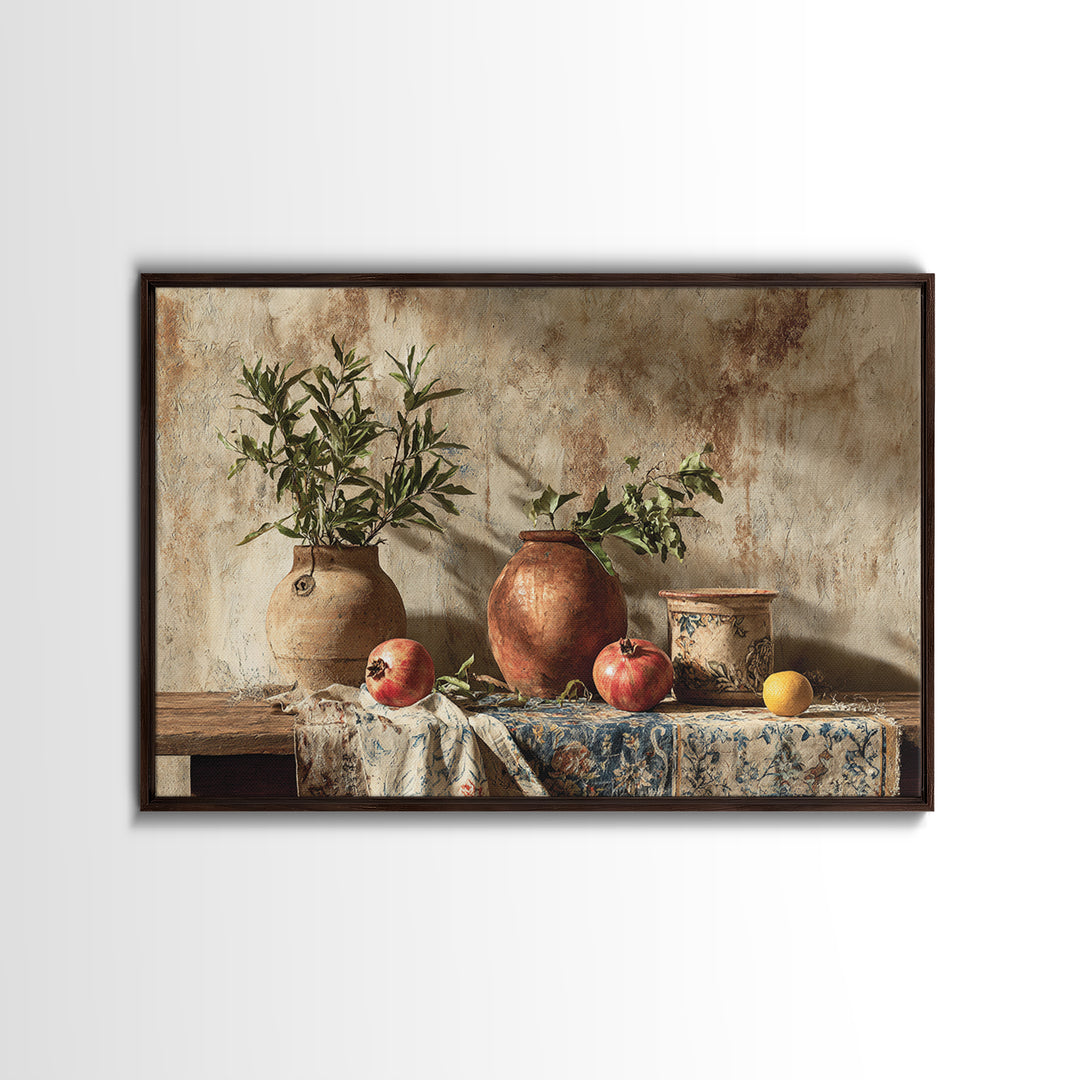 Pomegranate Still Life Framed Canvas Print, Mediterranean Art, Living Room Art, Living Room Decor, Oil Painting, Azure, MAR-3x2-47