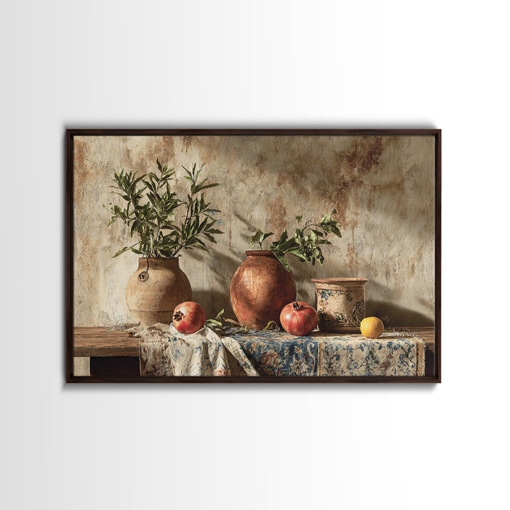 Pomegranate Still Life Framed Canvas Print, Mediterranean Art, Living Room Art, Living Room Decor, Oil Painting, Azure, MAR-3x2-47