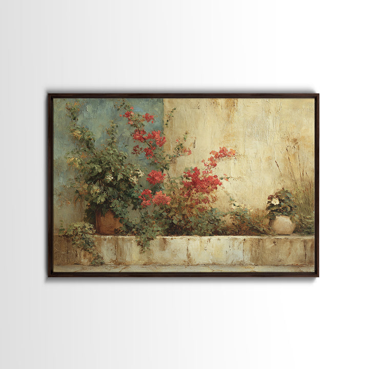 Bougainvillea Cascading over Stone Wall Canvas Print, Mediterranean Art, Watercolor Painting, Living Room Decor, Azure, MAR-3x2-57