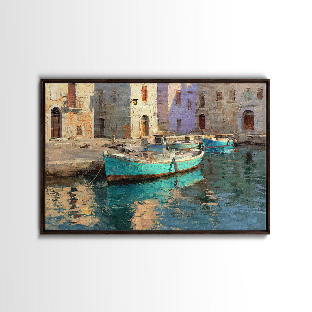 Coastal Fishing Boats Framed Canvas Print, Mediterranean Art, Beach Prints, Living Room Decor, Oil Painting, Azure, Art Print, MAR-3x2-59