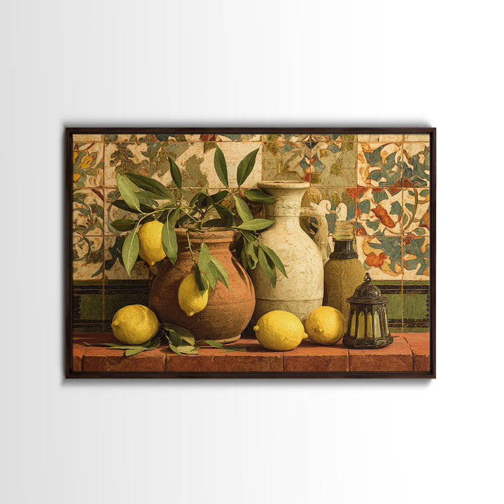 Olive Branch and Lemons on Terracotta Ground Framed Canvas Print, Mediterranean Art, Large Wall Art, Living Room Decor, Azure, MAR-3x2-6