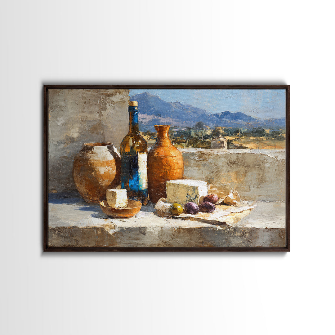Figs Olives and Cheese Still Life Framed Canvas Print, Mediterranean Art, Minimalist Wall Art, Living Room Decor, Azure, MAR-3x2-60