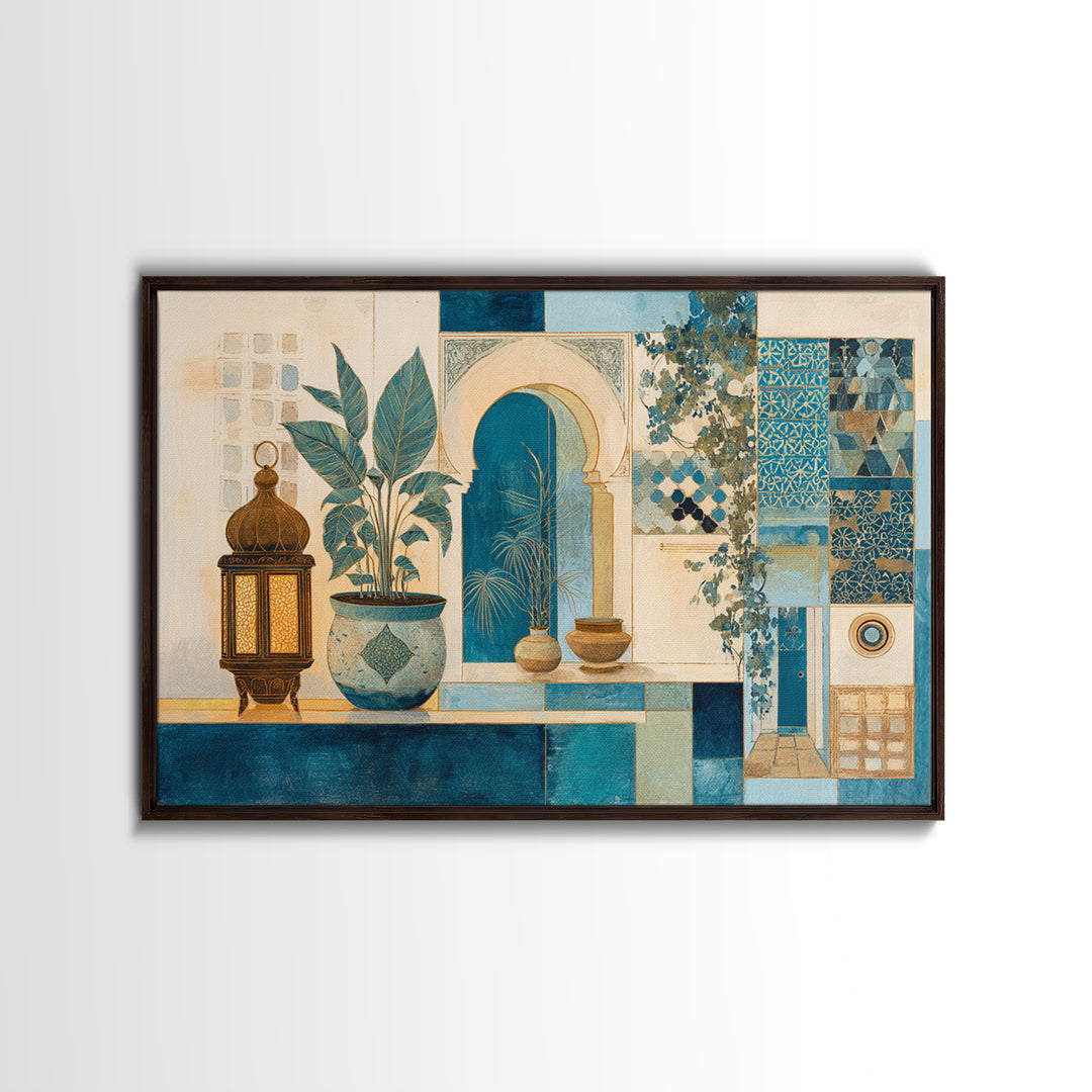 Moroccan Influenced Lantern Canvas Print, Mediterranean Art, Modern Wall Art, Living Room Decor, Oil Painting, Azure, MAR-3x2-61