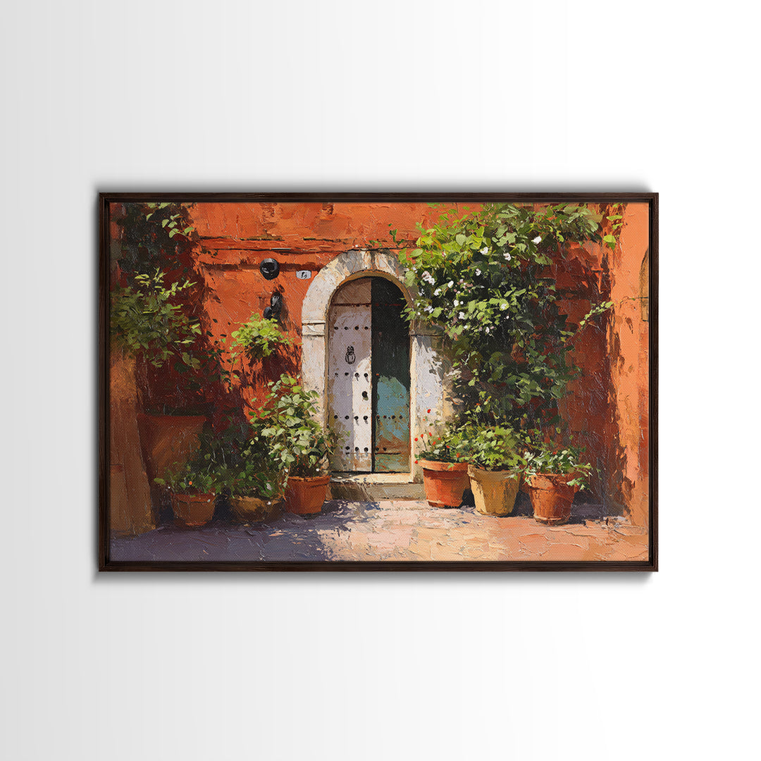 Sunlit Courtyard Doorway Framed Canvas Print, Mediterranean Art, Contemporary Art, Living Room Decor, Oil Painting, Azure, MAR-3x2-63