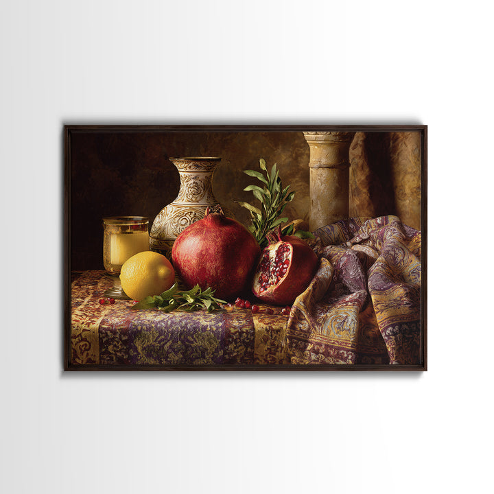 Pomegranate Still Life Framed Canvas Print, Mediterranean Art, Digital Print, Living Room Decor, Watercolor Art, Azure, MAR-3x2-71