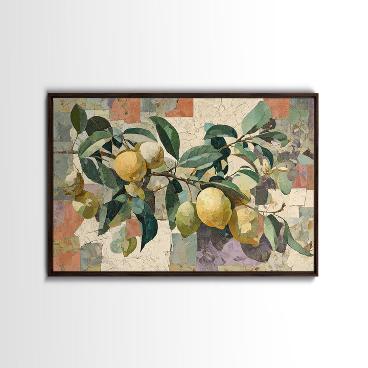 Olive Branch and Lemons on Terracotta Ground Canvas Print, Mediterranean Art, Coastal Wall Art, Living Room Decor, Azure, MAR-3x2-78