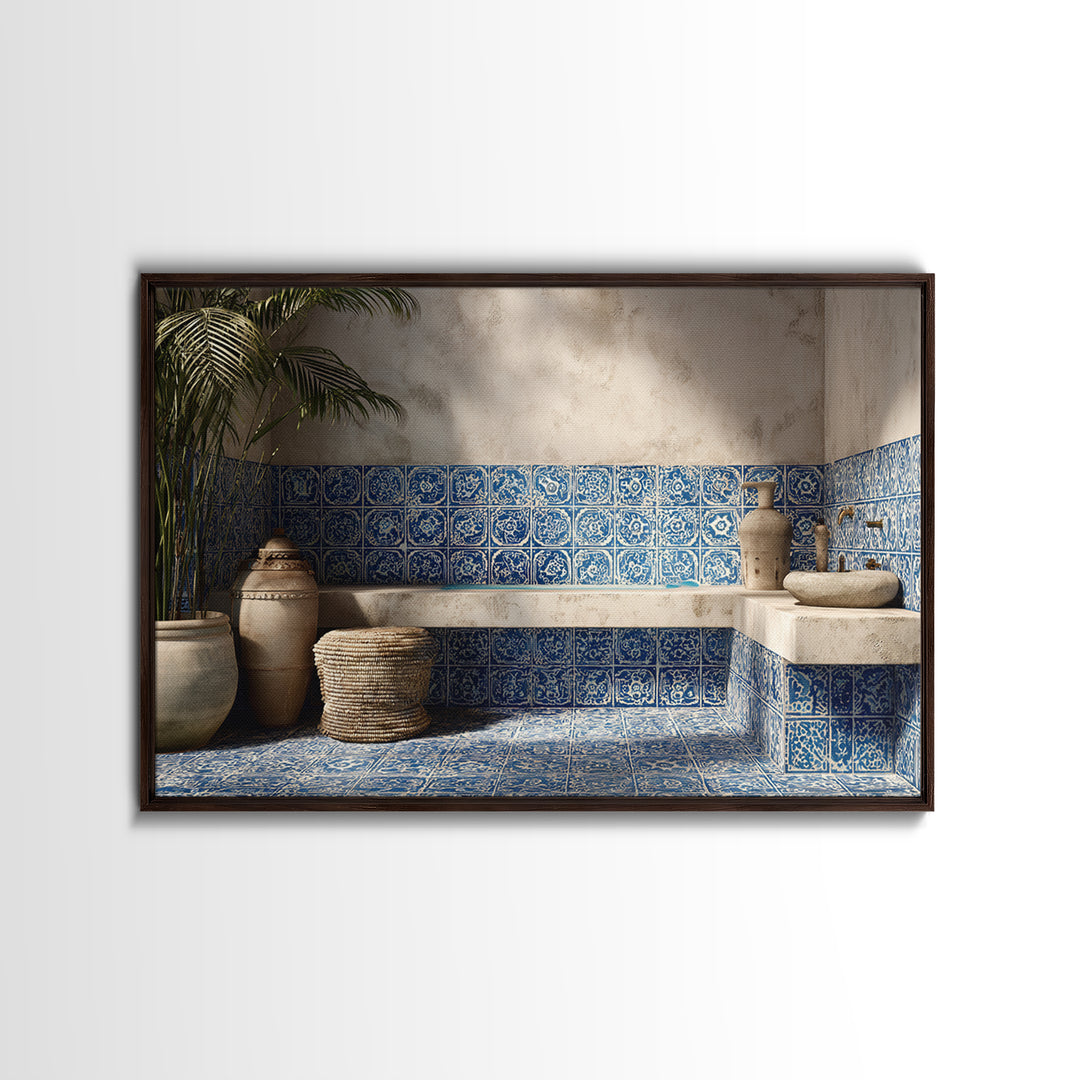 Blue and White Tile Pattern Framed Canvas Print, Mediterranean Art, Landscape Wall Art, Living Room Decor, Watercolor Art, MAR-3x2-80