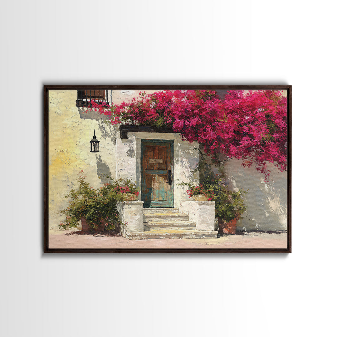 Bougainvillea Cascading over Stone Wall Framed Canvas Print, Mediterranean Art, Watercolor Art, Living Room Decor, Azure, MAR-3x2-81