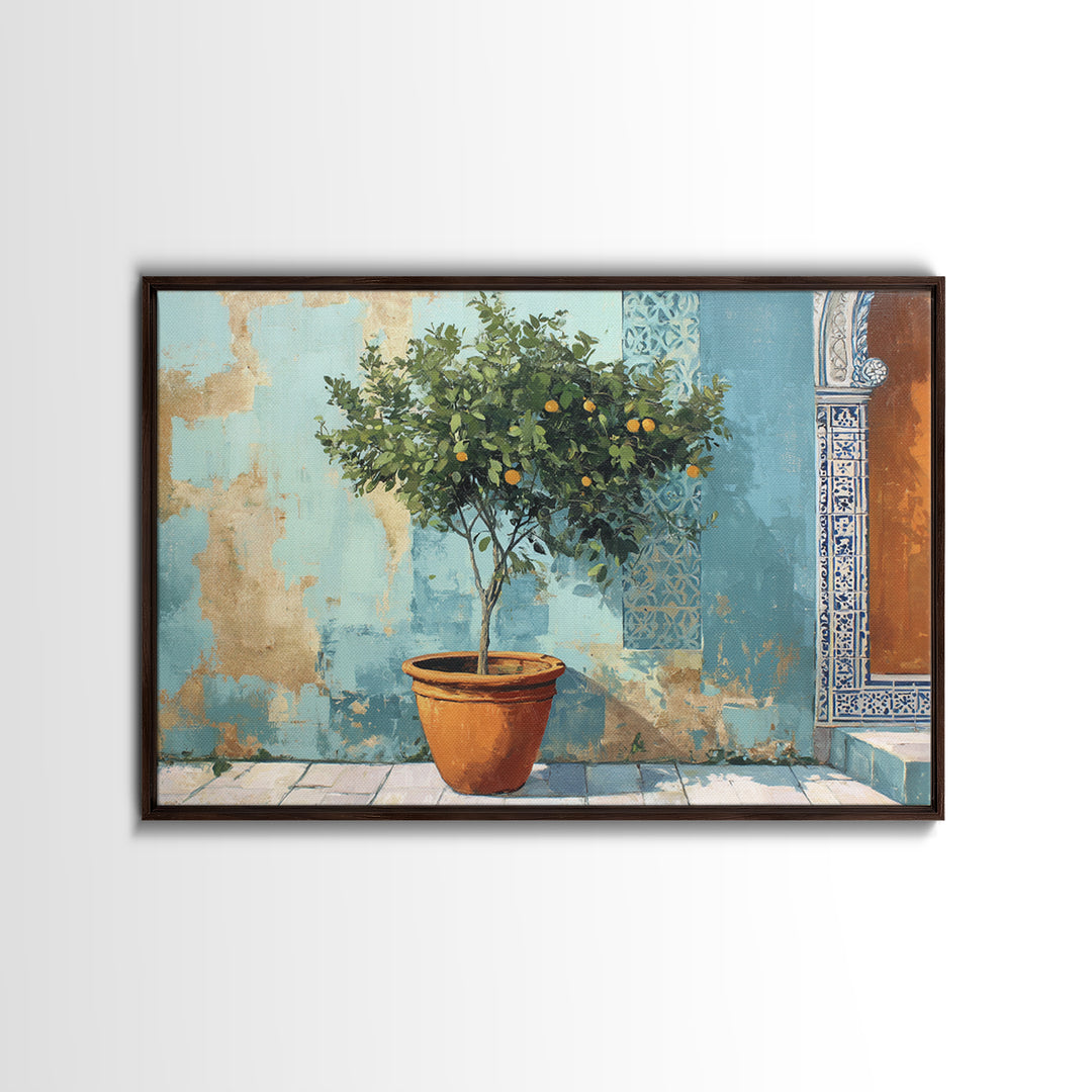Citrus Tree in Clay Pot Framed Canvas Print, Mediterranean Art, Watercolor Painting, Living Room Decor, Fine Art, Azure, MAR-3x2-86