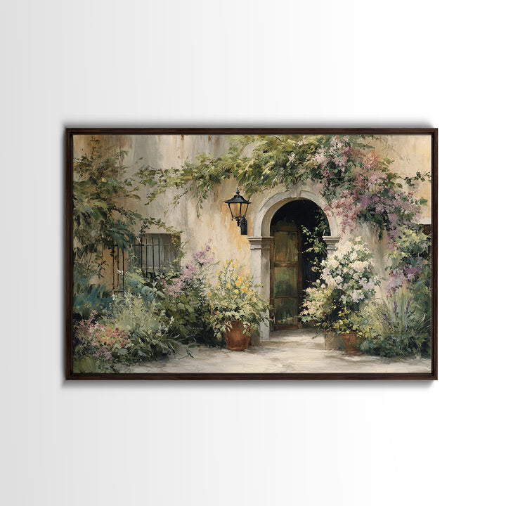 Sunlit Courtyard Doorway Framed Canvas Print, Mediterranean Art, Landscape Painting, Living Room Decor, Fine Art, Azure, MAR-3x2-87