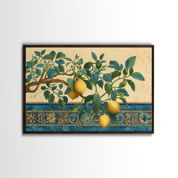 Sicilian Lemon Branch on Ivory Background Canvas Print, Mediterranean Art, Minimalist Wall Art, Living Room Decor, Azure, MAR-3x2-89