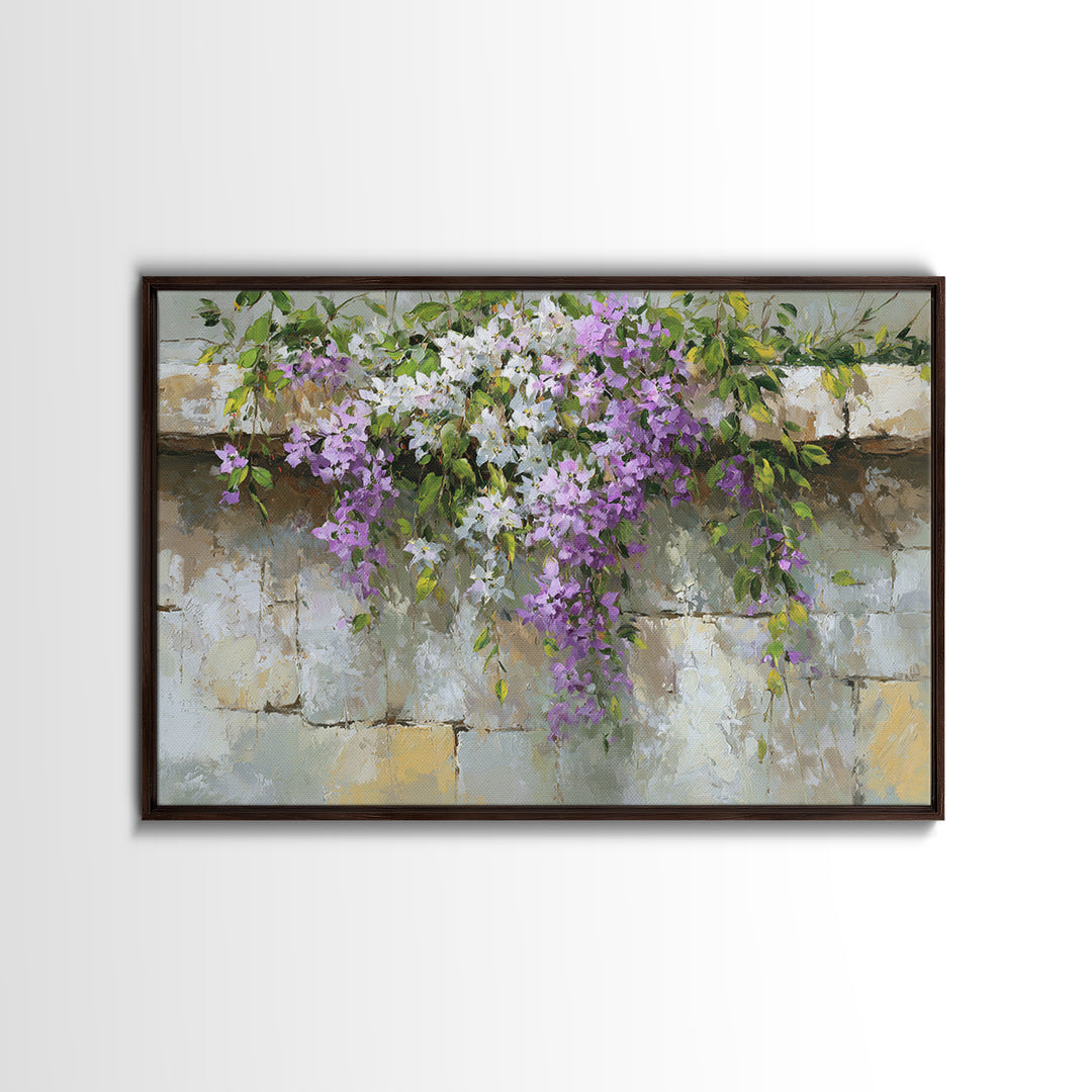 Bougainvillea Cascading over Stone Wall Framed Canvas Print, Mediterranean Art, Digital Print, Living Room Decor, Azure, MAR-3x2-9