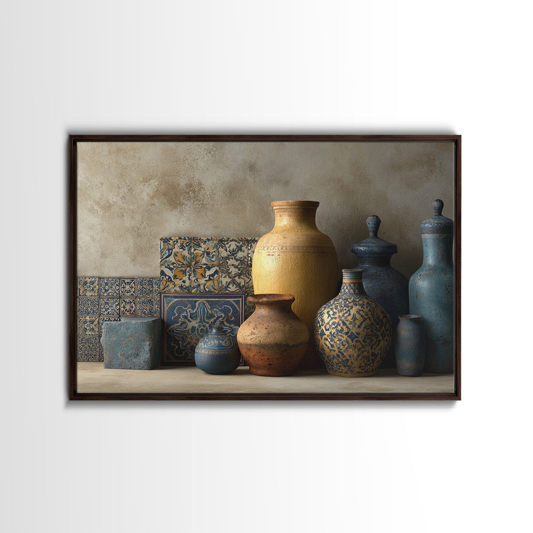 Spanish Tile Ornament Framed Canvas Print, Mediterranean Art, Coastal Wall Decor, Living Room Decor, Fine Art, Azure, MAR-3x2-92