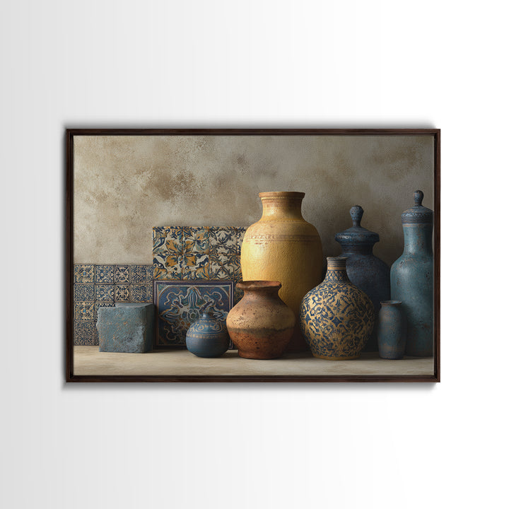 Spanish Tile Ornament Framed Canvas Print, Mediterranean Art, Coastal Wall Decor, Living Room Decor, Fine Art, Azure, MAR-3x2-92