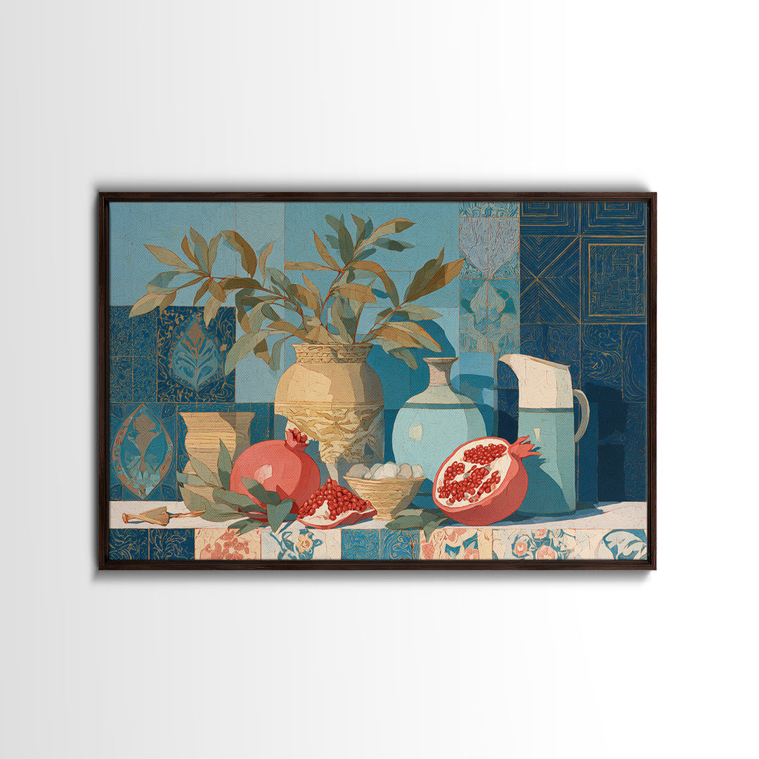 Pomegranate Still Life Framed Canvas Print, Mediterranean Art, Travel Poster, Living Room Decor, Fine Art, Azure, MAR-3x2-95