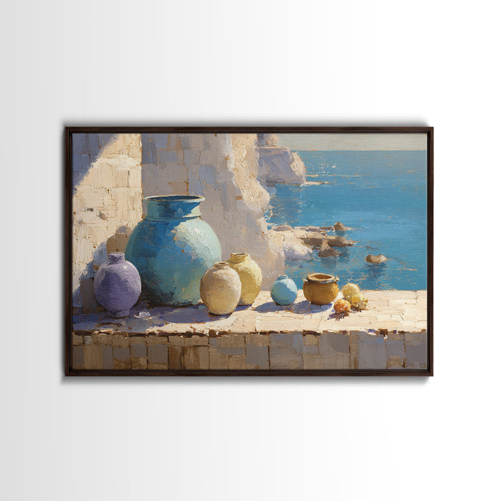 Coastal Cliffs with Sparkling Blue Water Framed Canvas Print, Mediterranean Art, Living Room Art, Living Room Decor, Azure, MAR-3x2-96