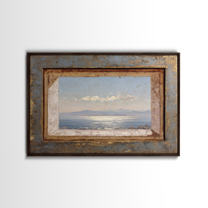 Ceramic Bowl of Oranges and Leaves Framed Canvas Print, Mediterranean Art, Landscape Painting, Living Room Decor, MAR-3x2-97